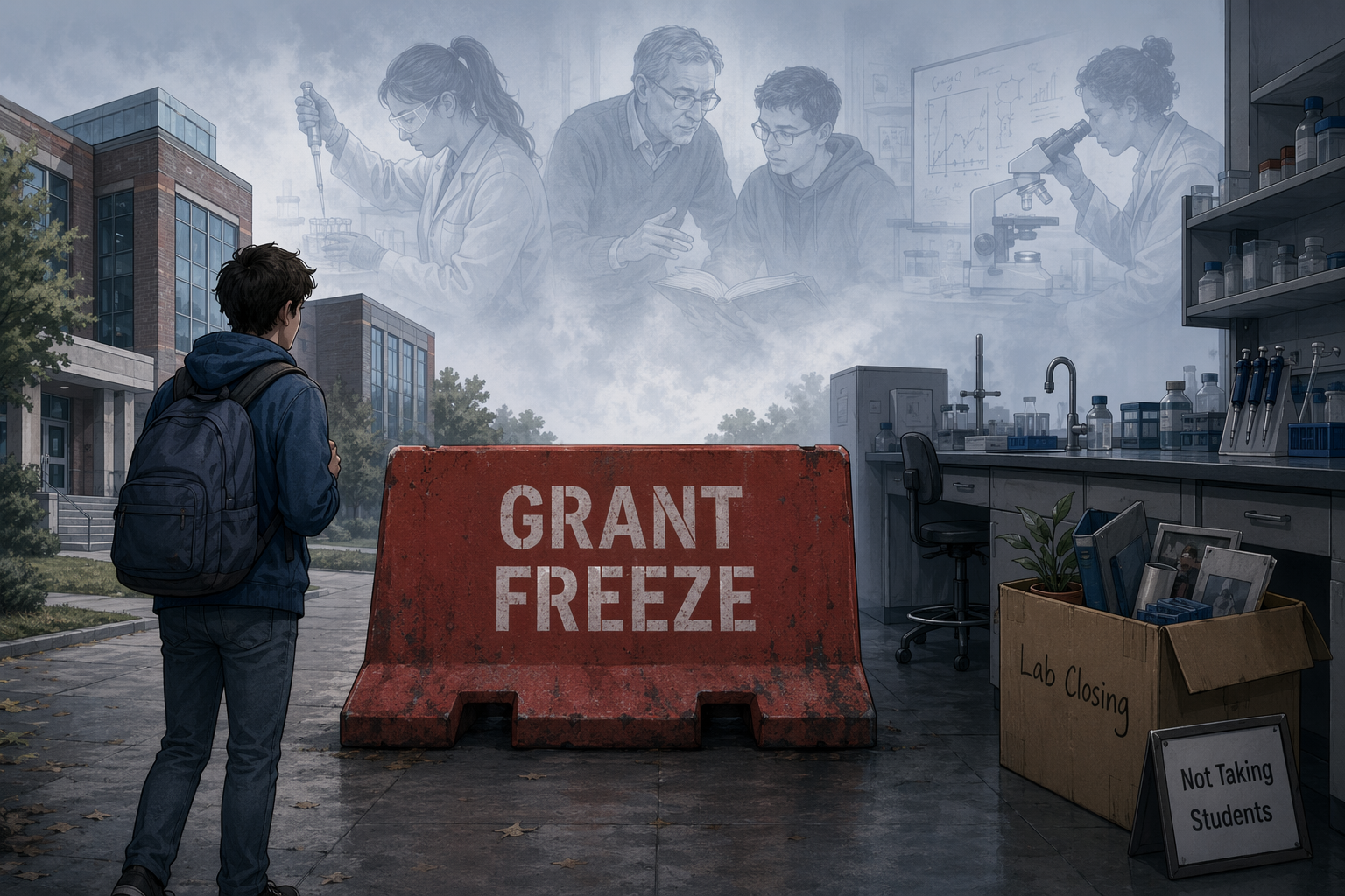 Student walking toward a research lab blocked by a grant freeze barrier with an empty lab bench and not taking students sign beyond it