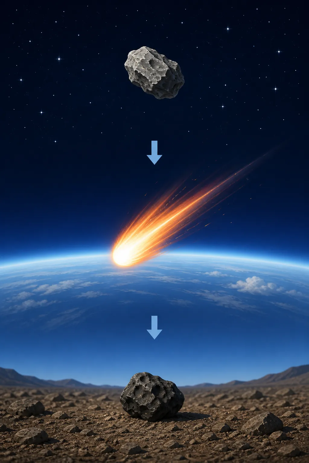 Diagram showing a meteoroid in space, a meteor burning in the atmosphere, and a meteorite on the ground