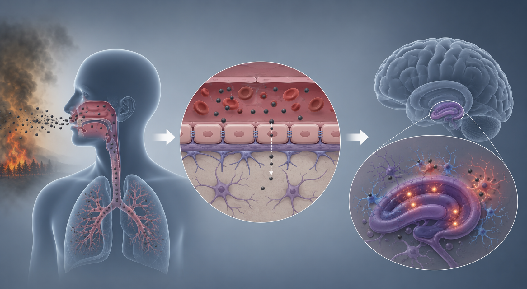 Diagram of PM2.5 moving through the respiratory system toward the brain and hippocampus