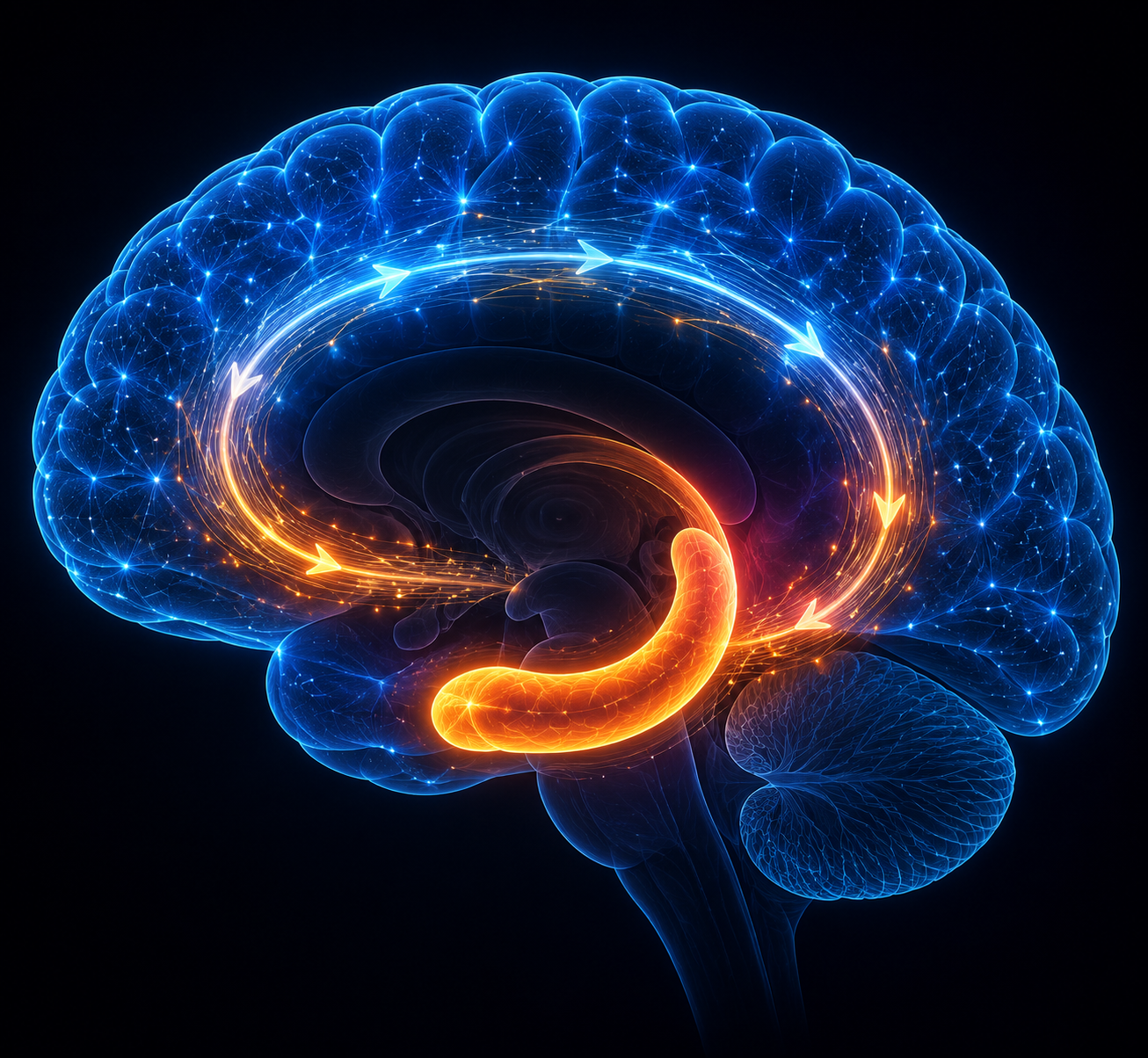 Scientific illustration of neural replay pathways cycling between the neocortex and hippocampus