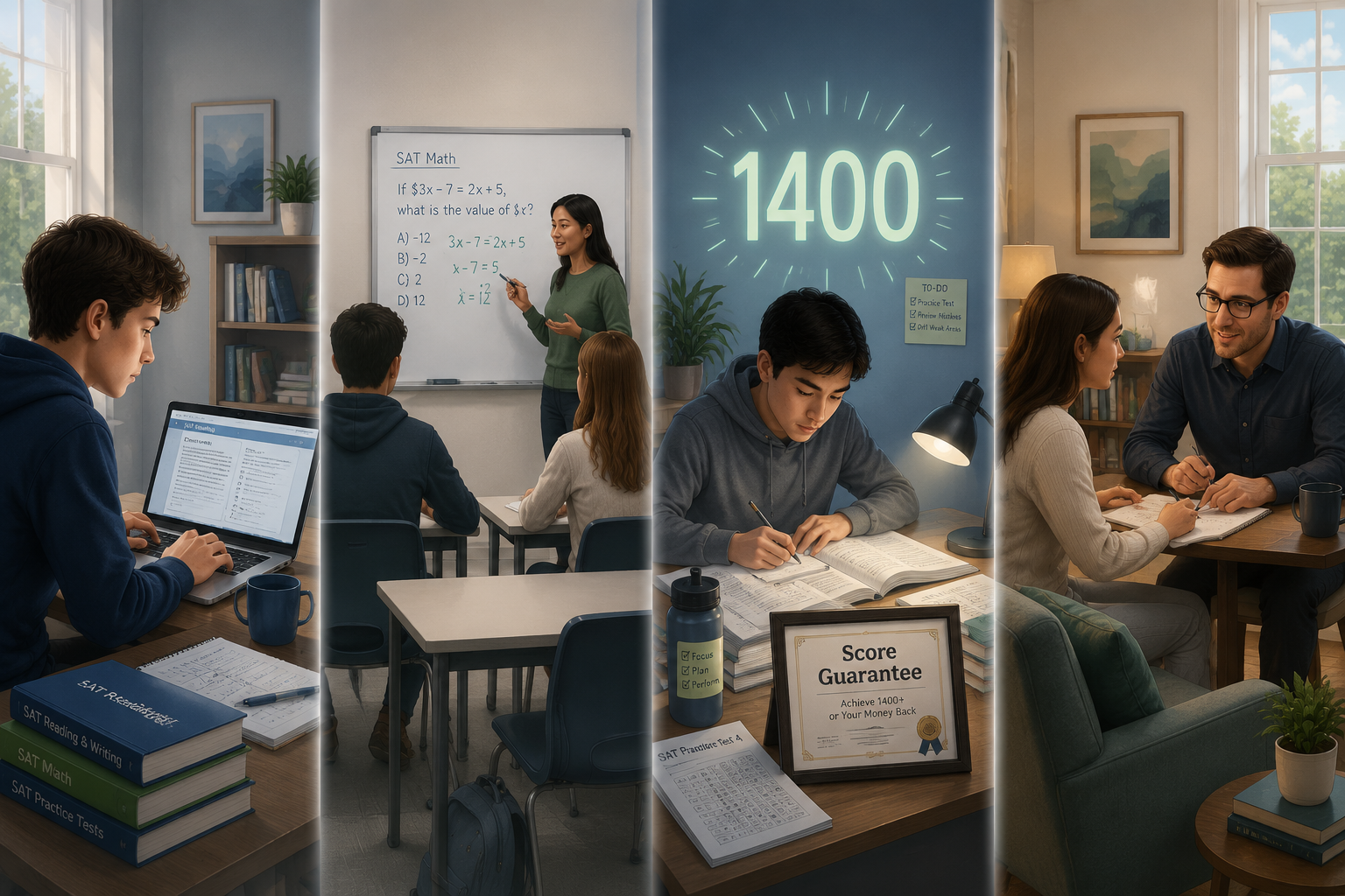 Four SAT prep settings showing self-paced study, live class instruction, guarantee-focused prep, and private tutoring