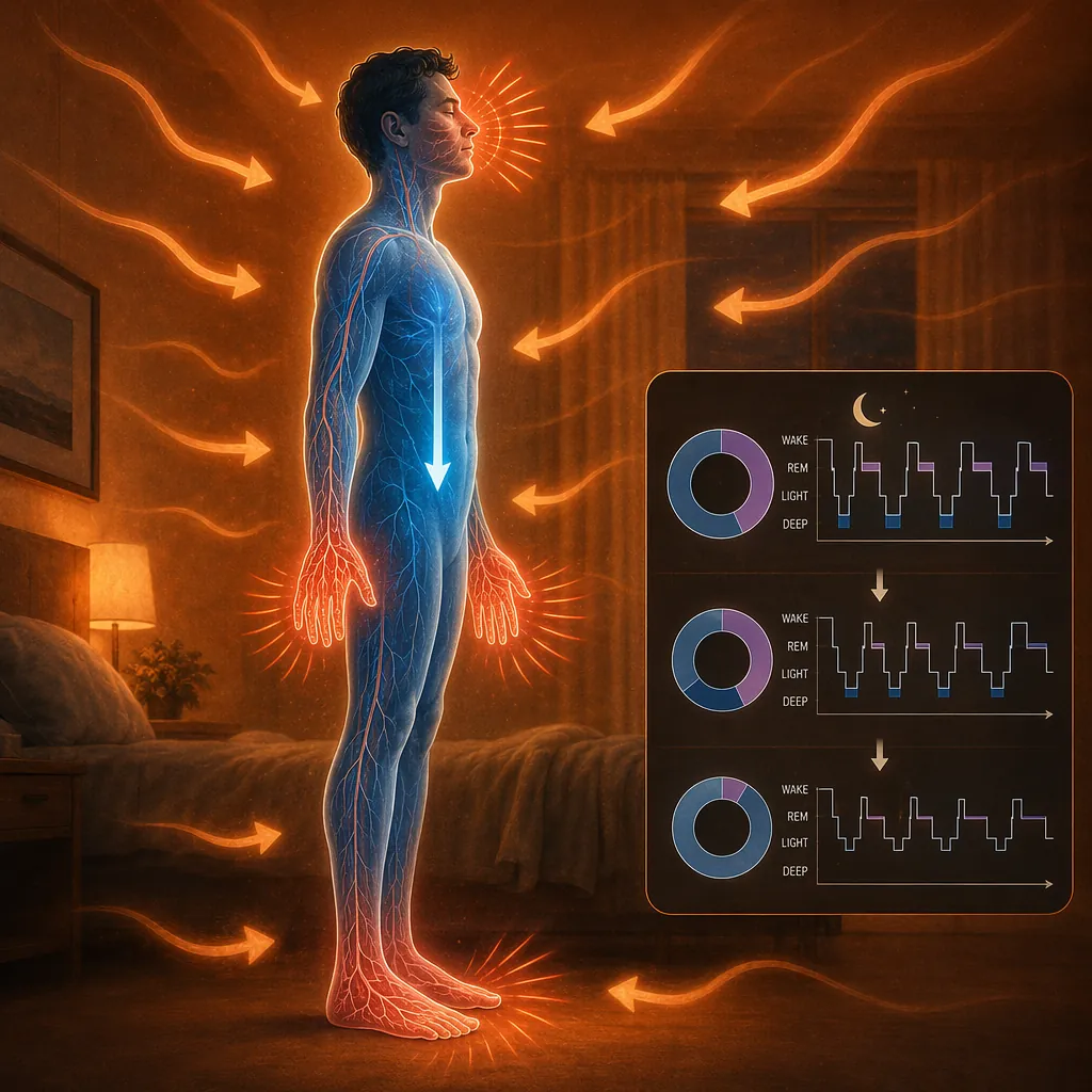 A warm bedroom diagram showing heat release from the hands, feet, and face, a core temperature drop needed for sleep onset, and reduced deep and REM sleep