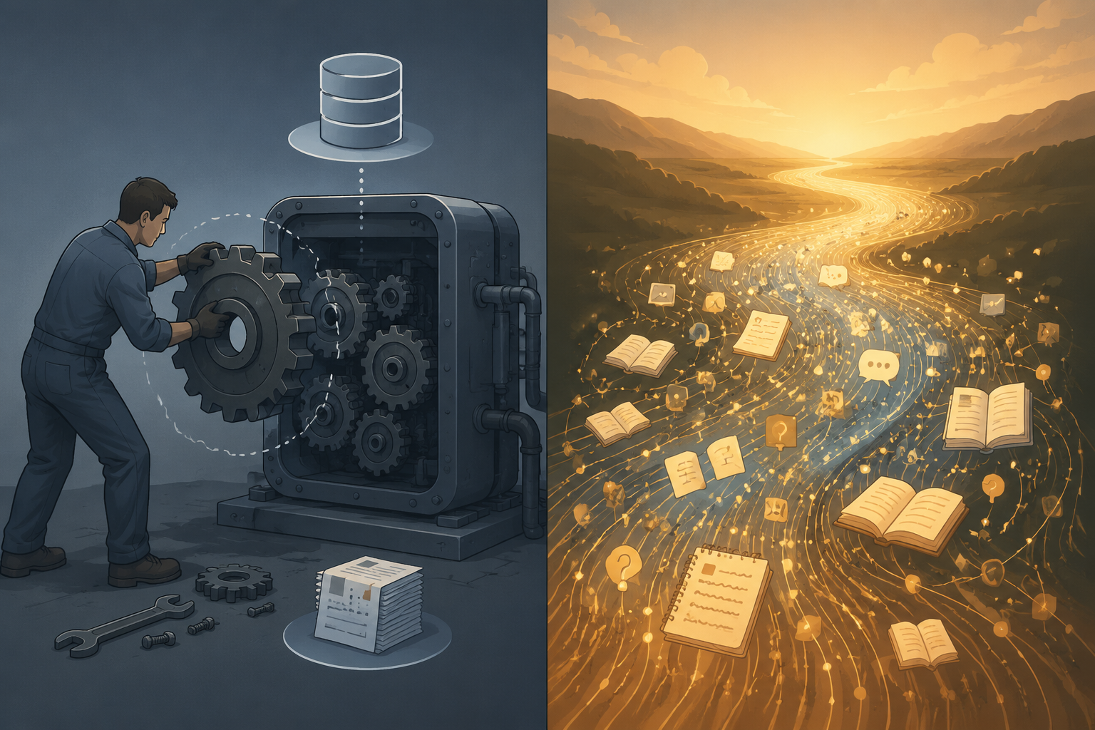 A comparison between fine-tuning as replacing a machine part and long context as a flowing accumulation of learning moments