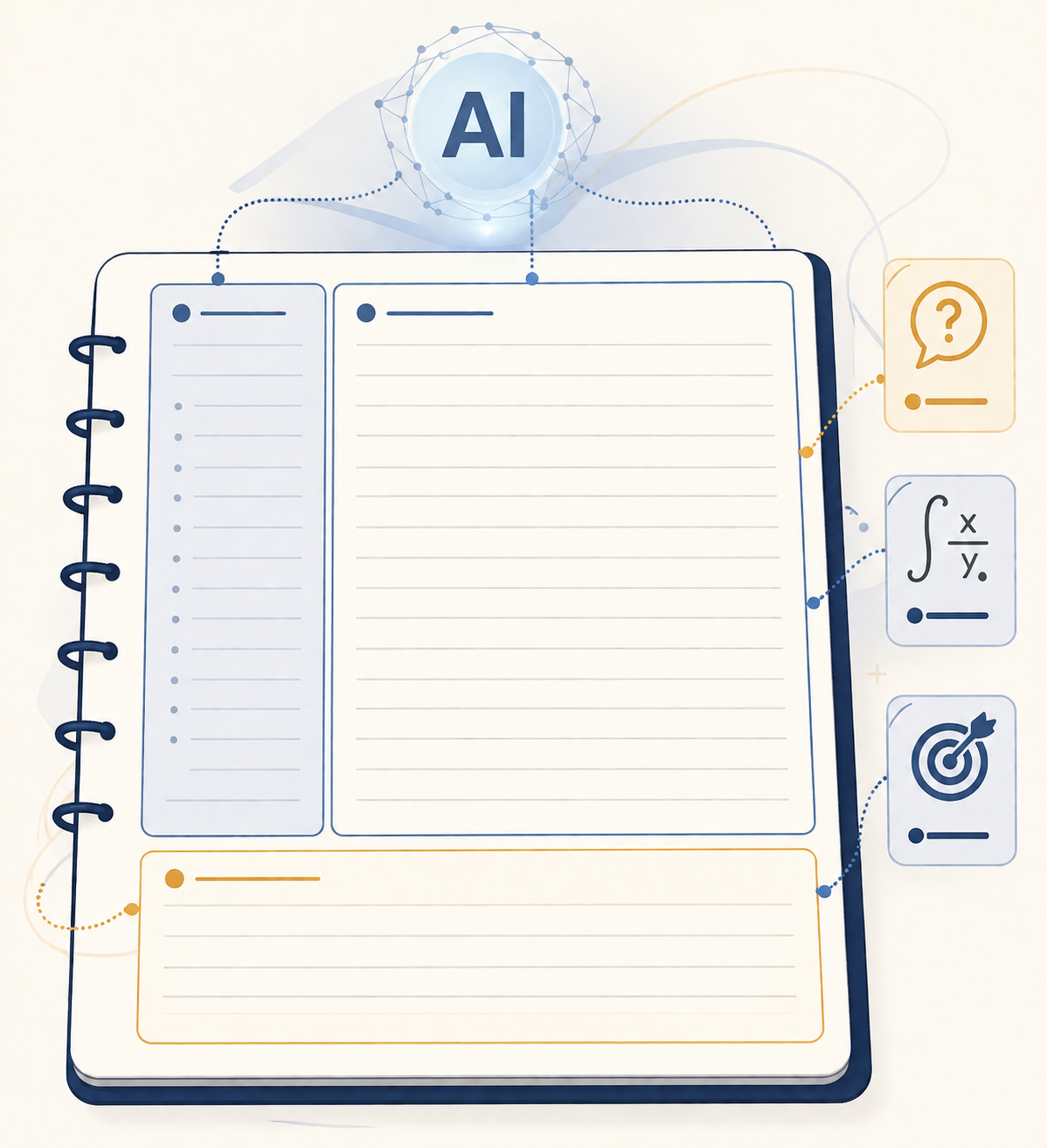 Adapted Cornell note-taking page with cue column, main notes, summary area, and markers for unclear points, formulas, and learning outcomes