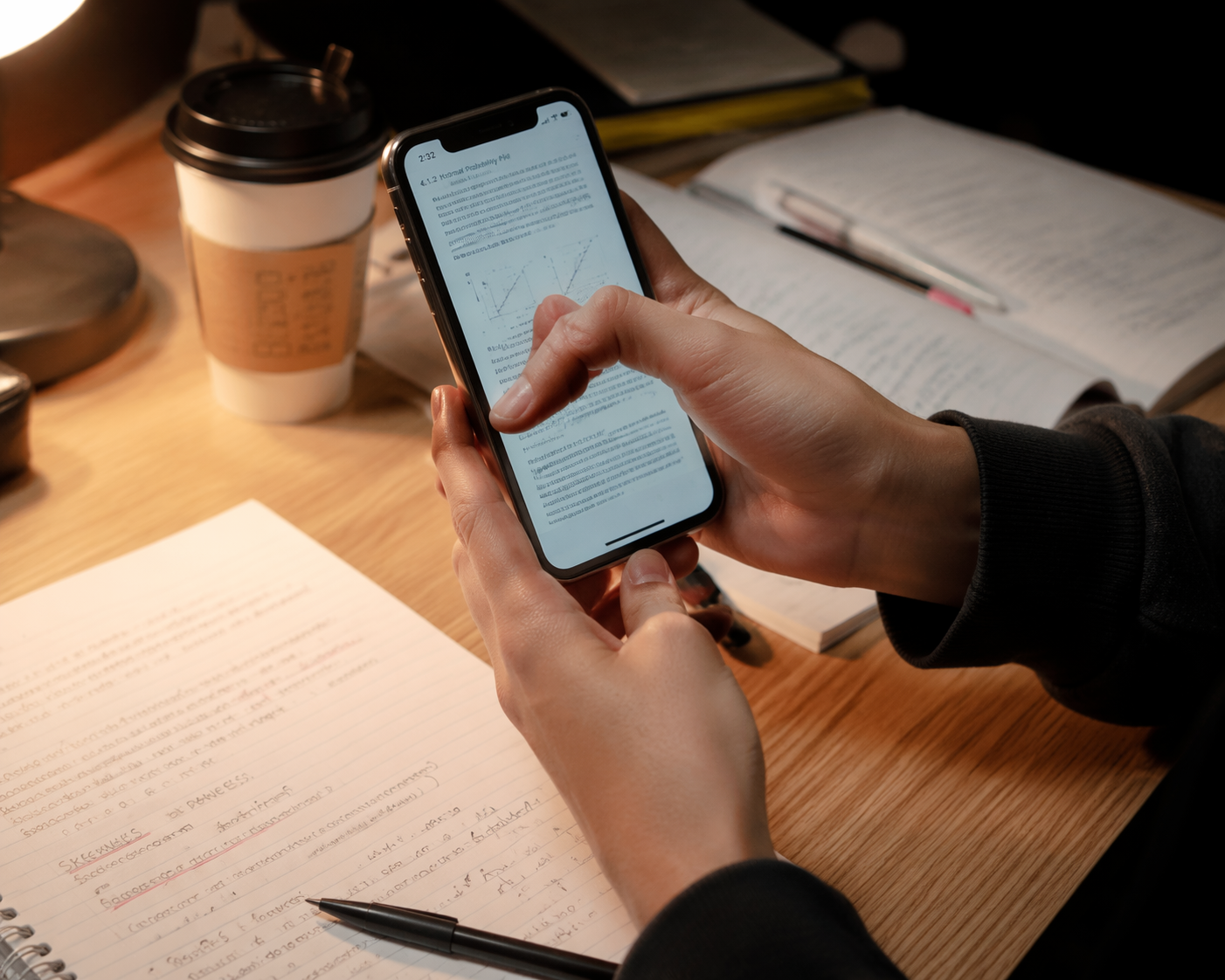 Student holding a smartphone on a desk with the dominant thumb stretched across the screen