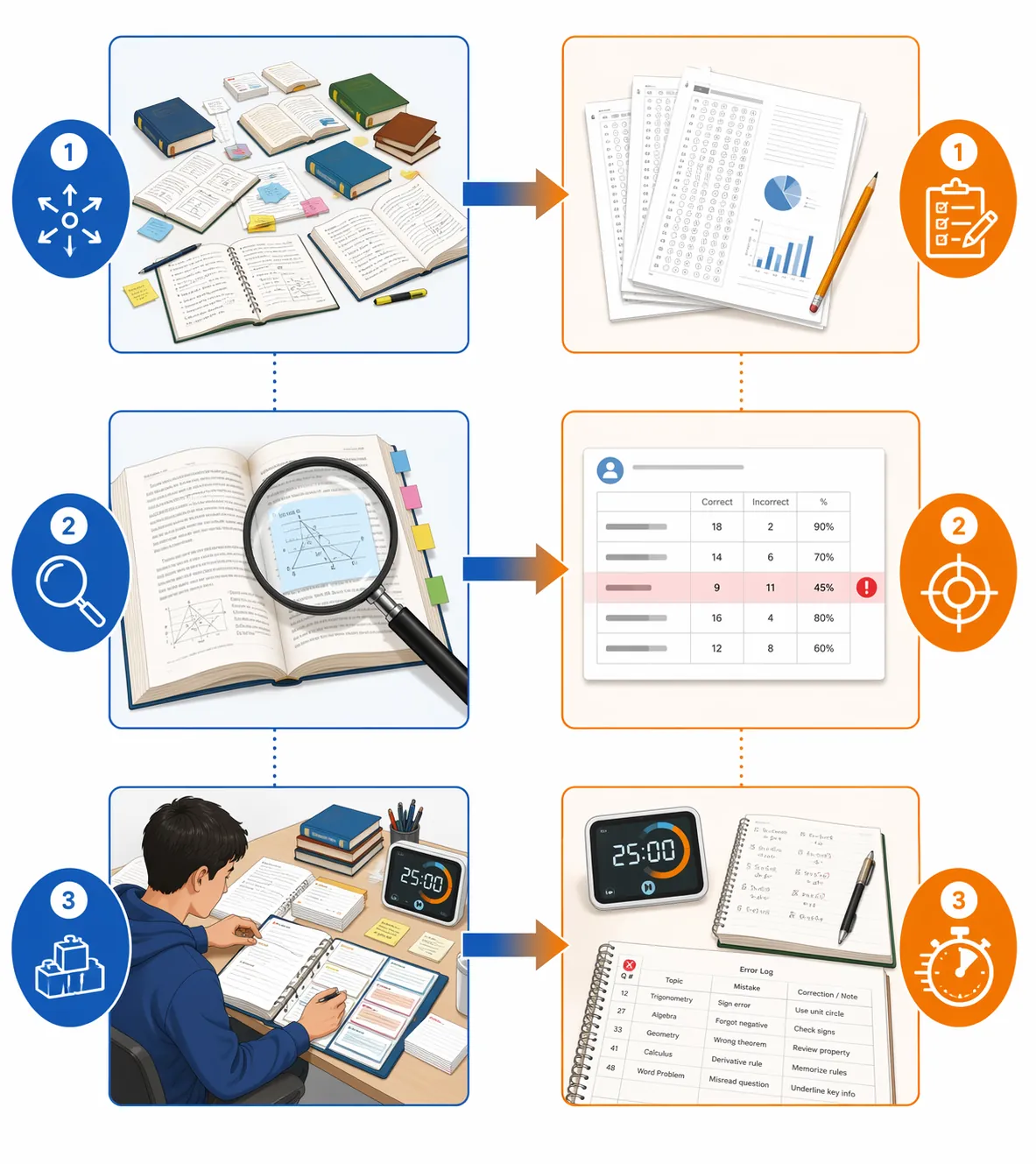 Two parallel learning frameworks connected by arrows, showing broad study narrowing into focused timed practice and error review