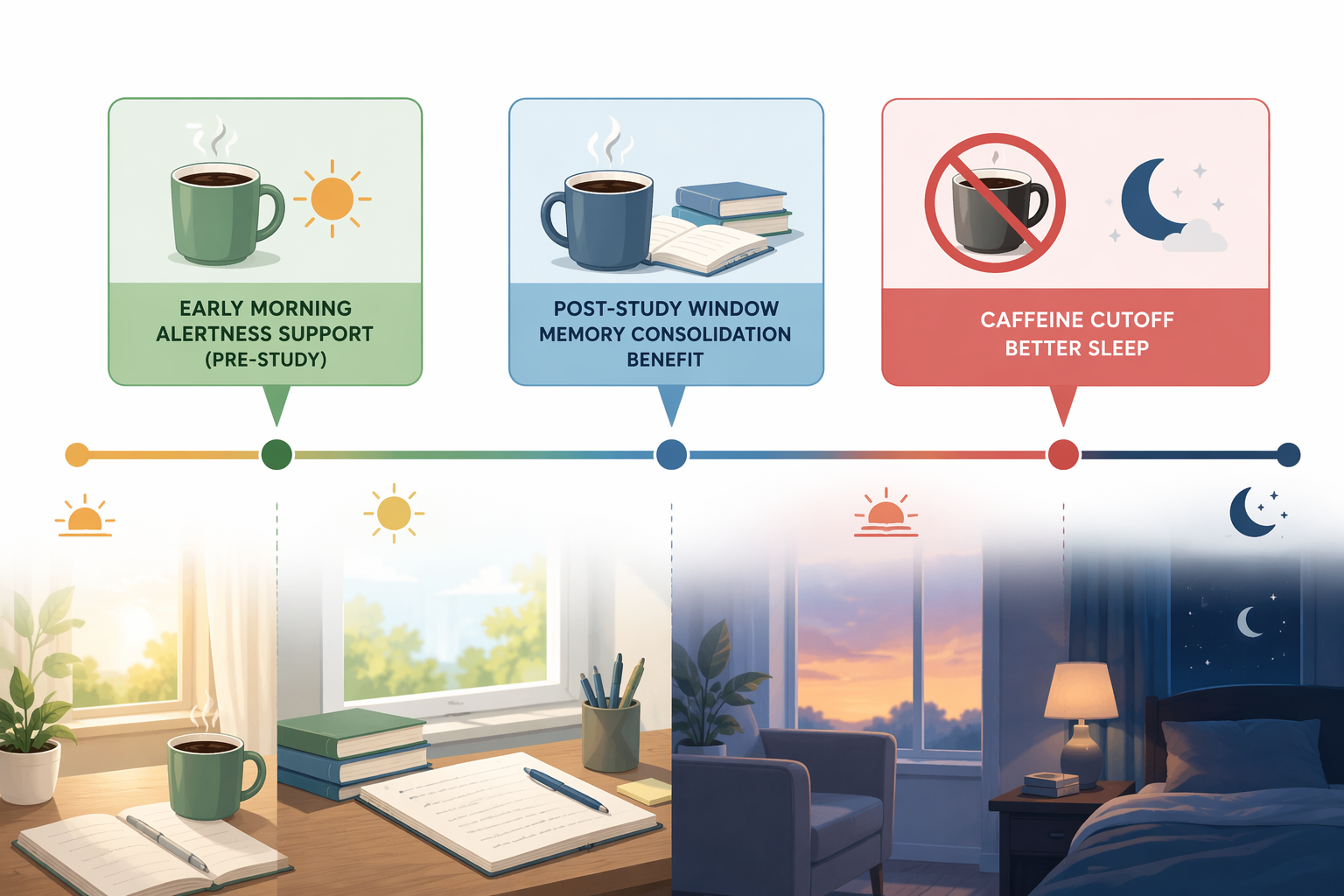 Daily caffeine timeline with morning study zone, post-study consolidation window, and bedtime cutoff zone