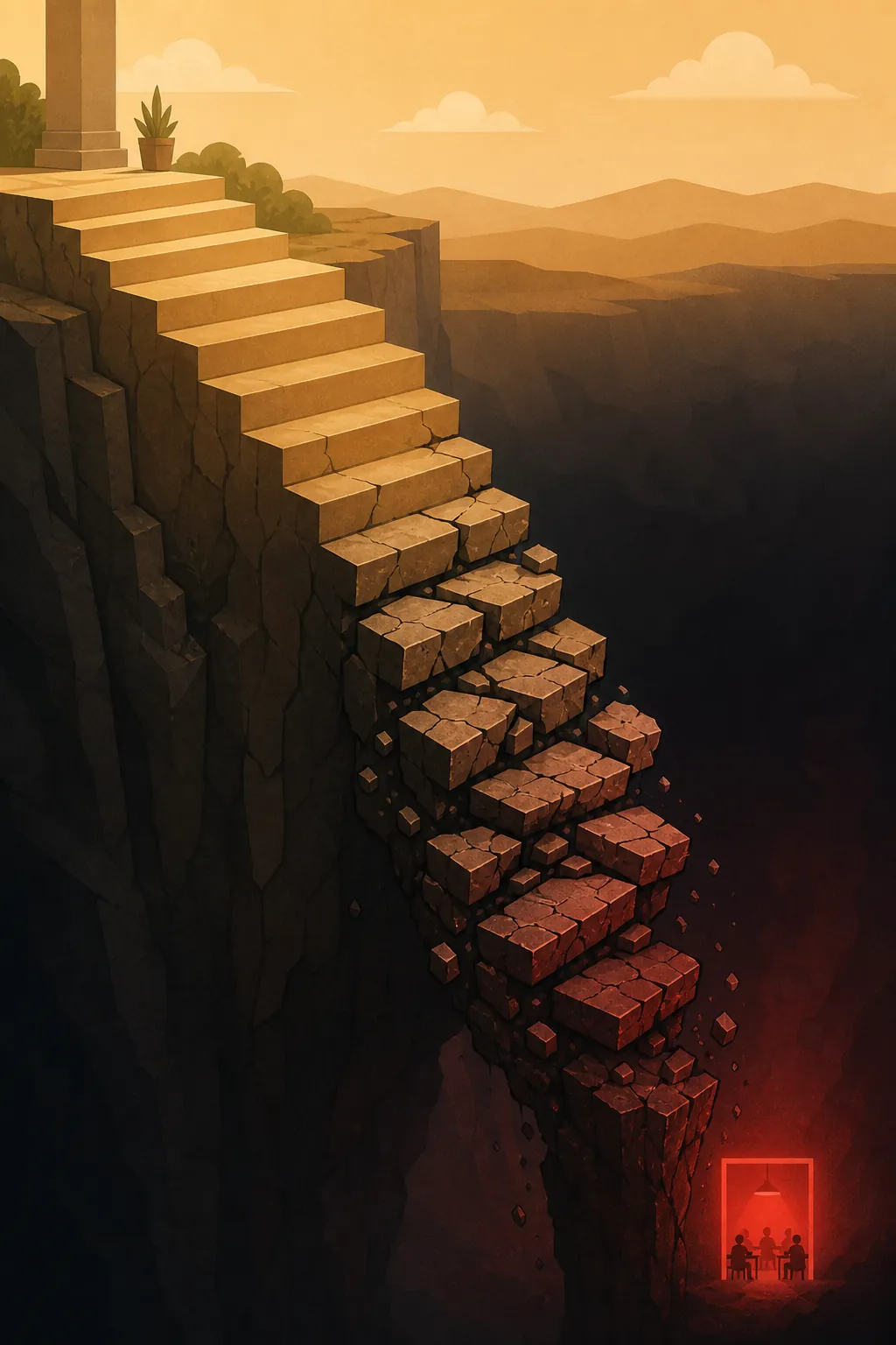 Descending staircase shifting from stable amber steps to cracked red fragments near an exam-hall cliff edge