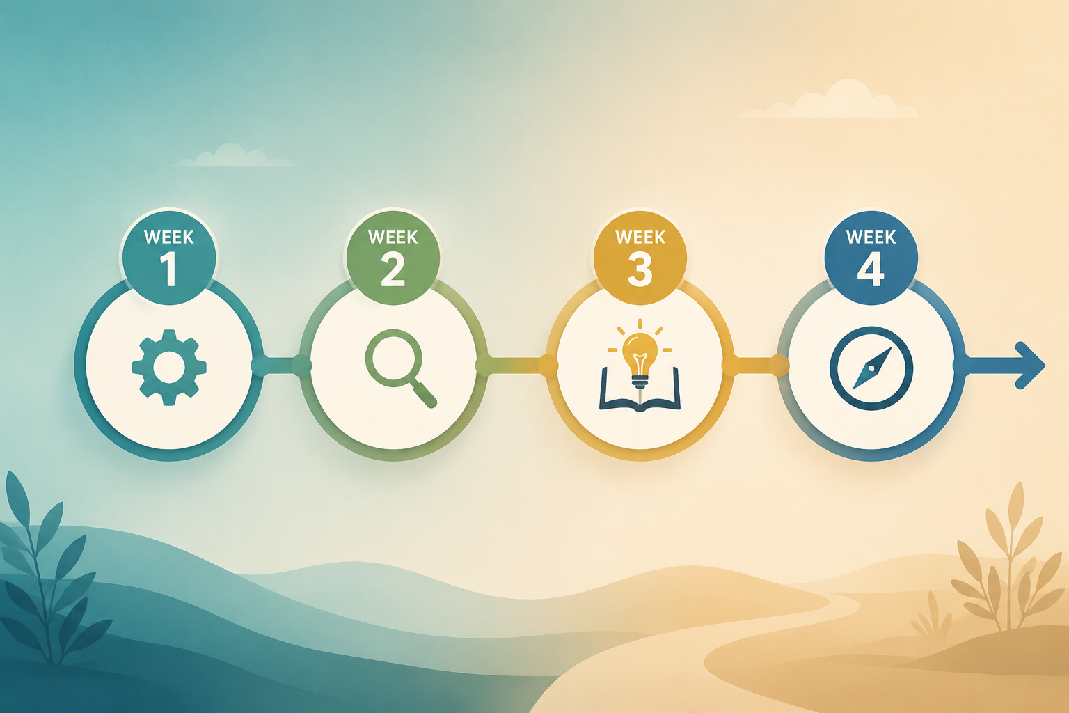 Four-week financial literacy timeline with setup, tracking, learning, and decision icons