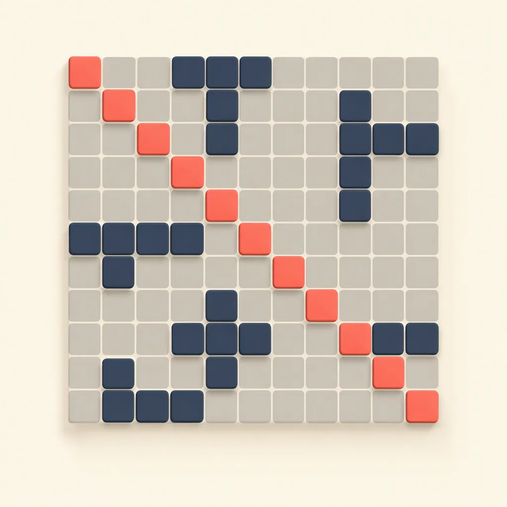 Navy letter-grid board with a coral diagonal band connecting scattered highlighted word clusters