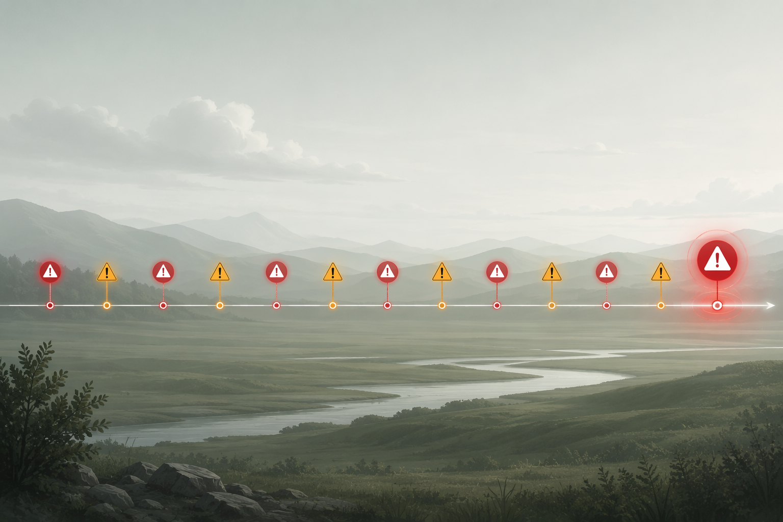 Warning markers across a landscape suggesting repeated incidents over time