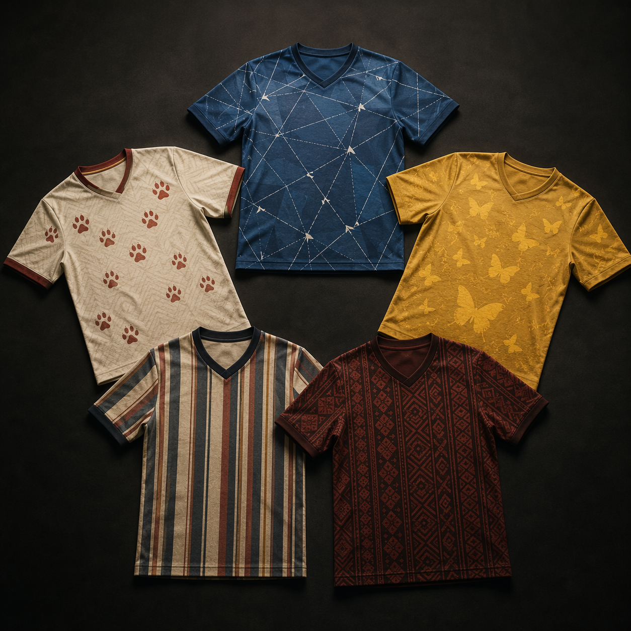Museum-style flat lay of symbolic football jerseys with flight-path, butterfly, cheetah, stripe, and textile motifs