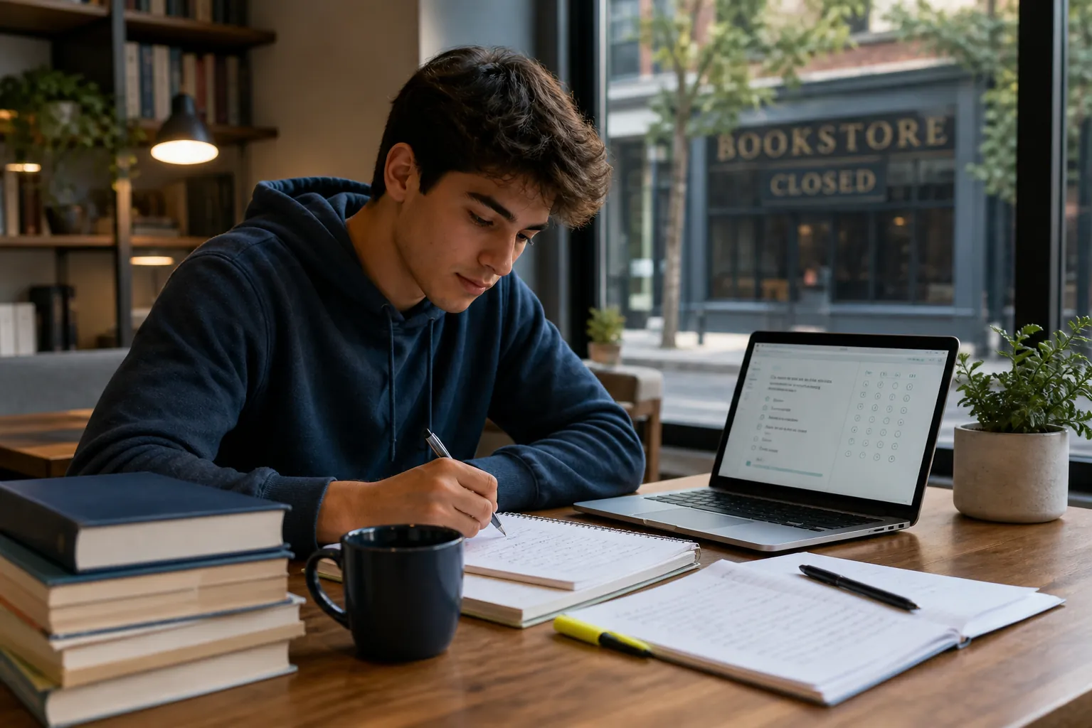 A student continues test prep at a desk with online practice tests and prep books while a closed bookstore sign appears in the background