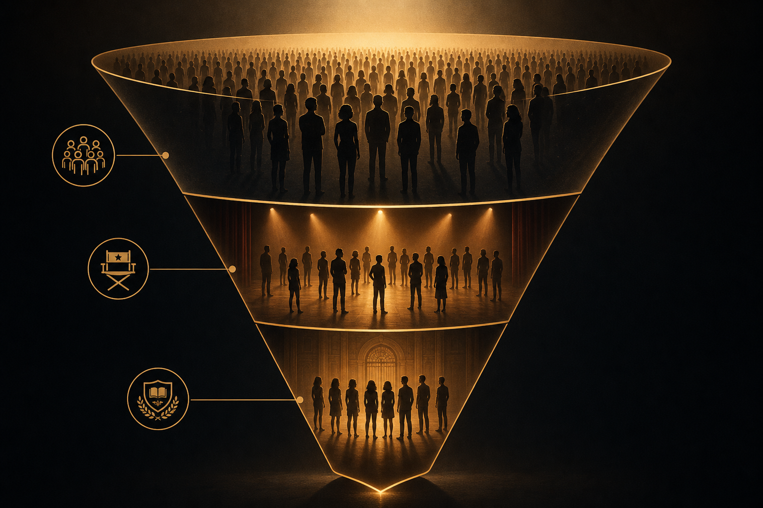 Three-tier audition callback funnel narrowing from many applicants to a small admit group