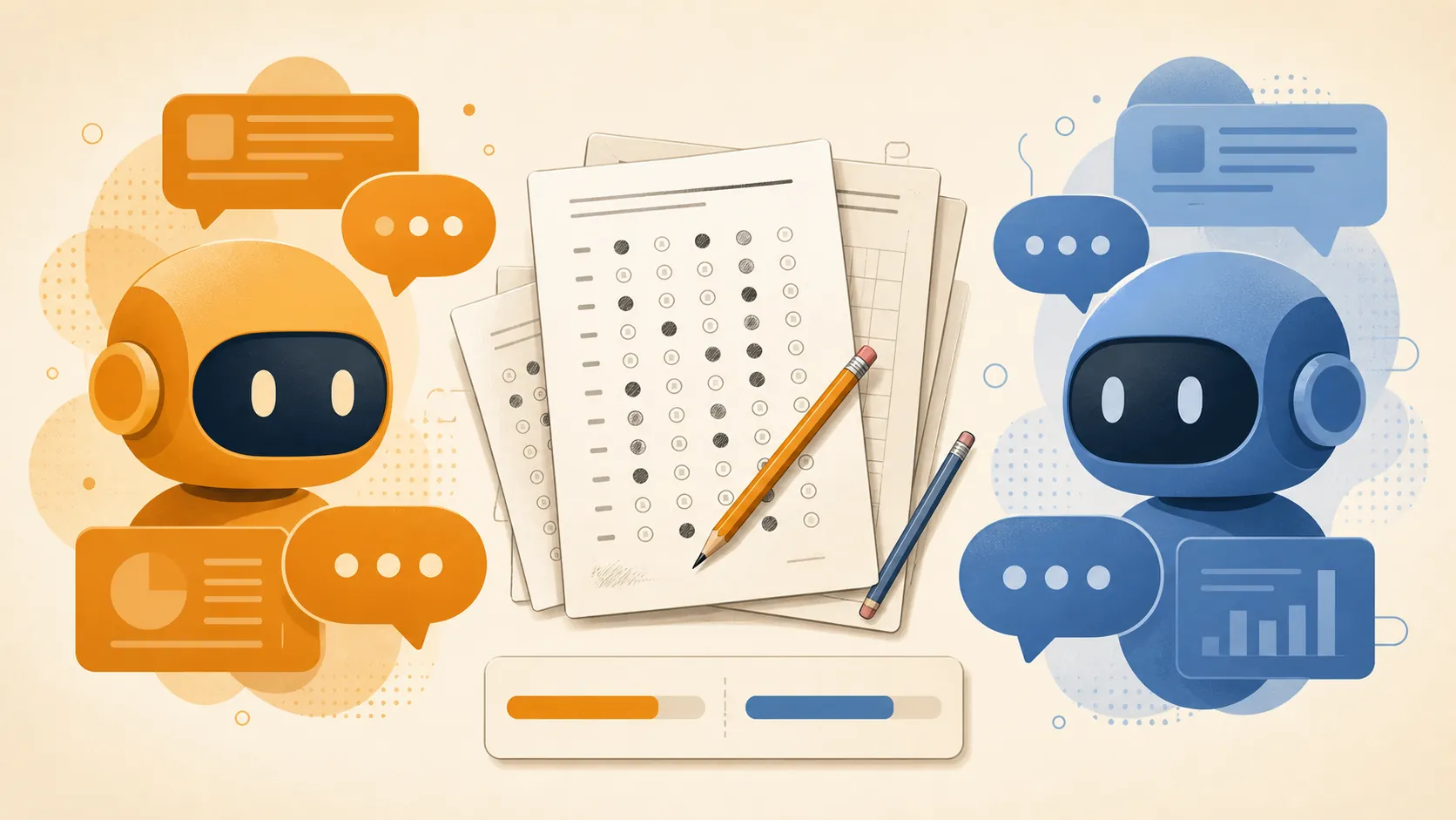 Two abstract AI chatbot interfaces facing each other across standardized exam papers and nearly equal score bars