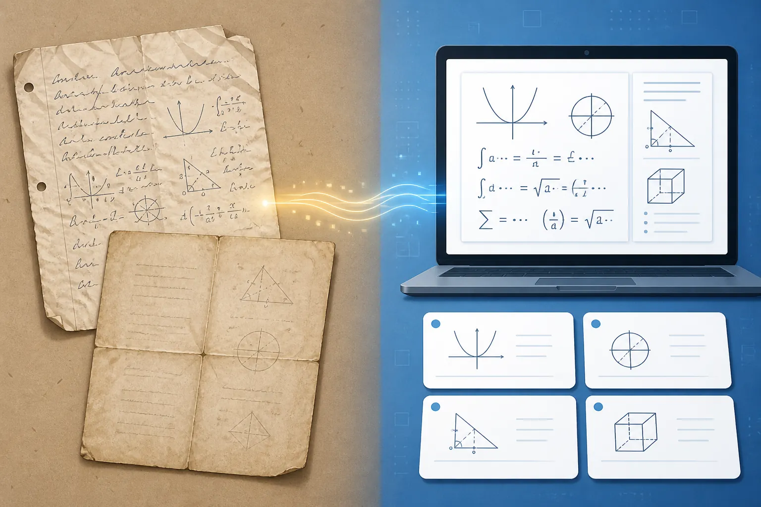 Before-and-after illustration of handwritten math notes and a scanned exam page converted into clean digital formulas and flashcards