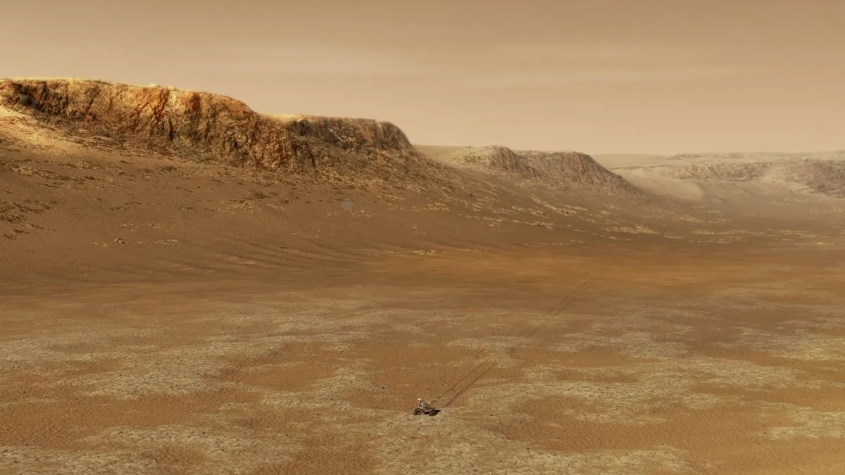 NASA illustration of the Perseverance rover on the rocky floor of Jezero Crater on Mars