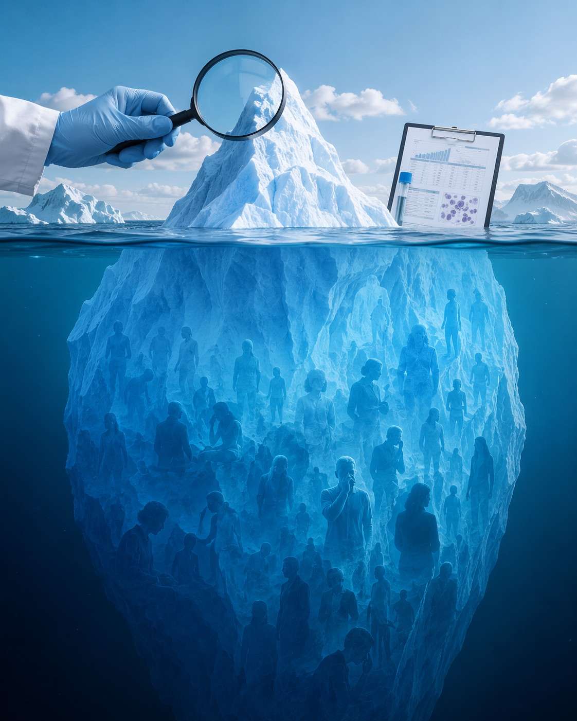 Medical infographic iceberg showing confirmed cyclosporiasis cases above the waterline and a larger undiagnosed burden below