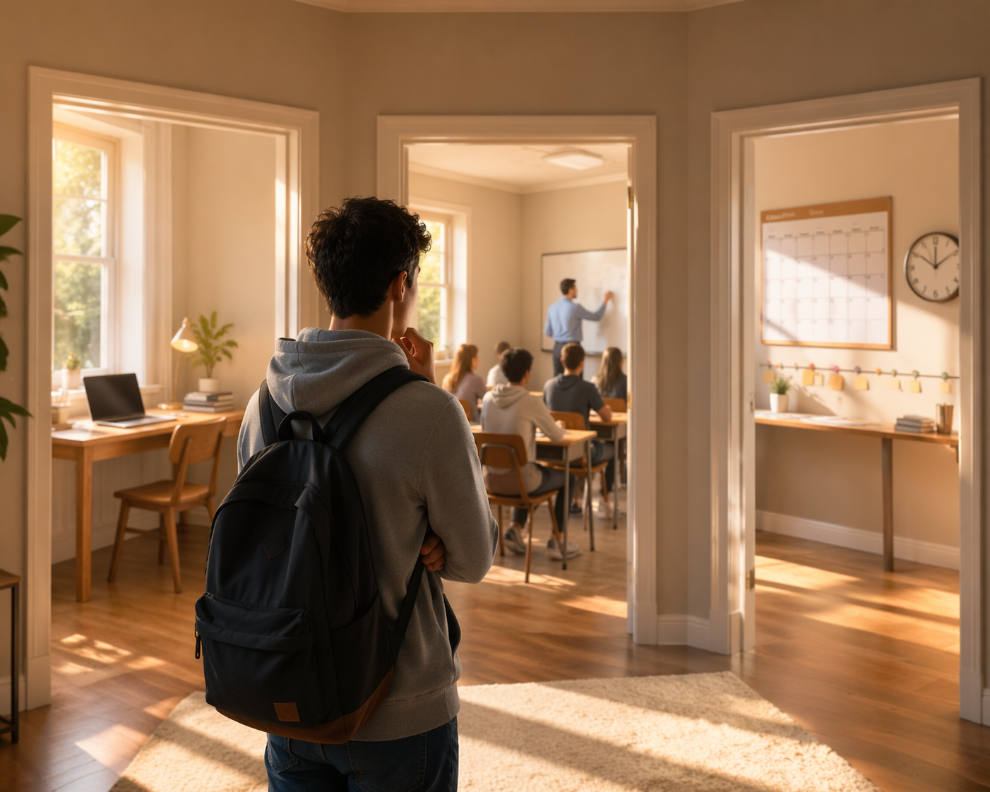A high school student choosing between self-paced study, live instruction, and schedule-based planning paths