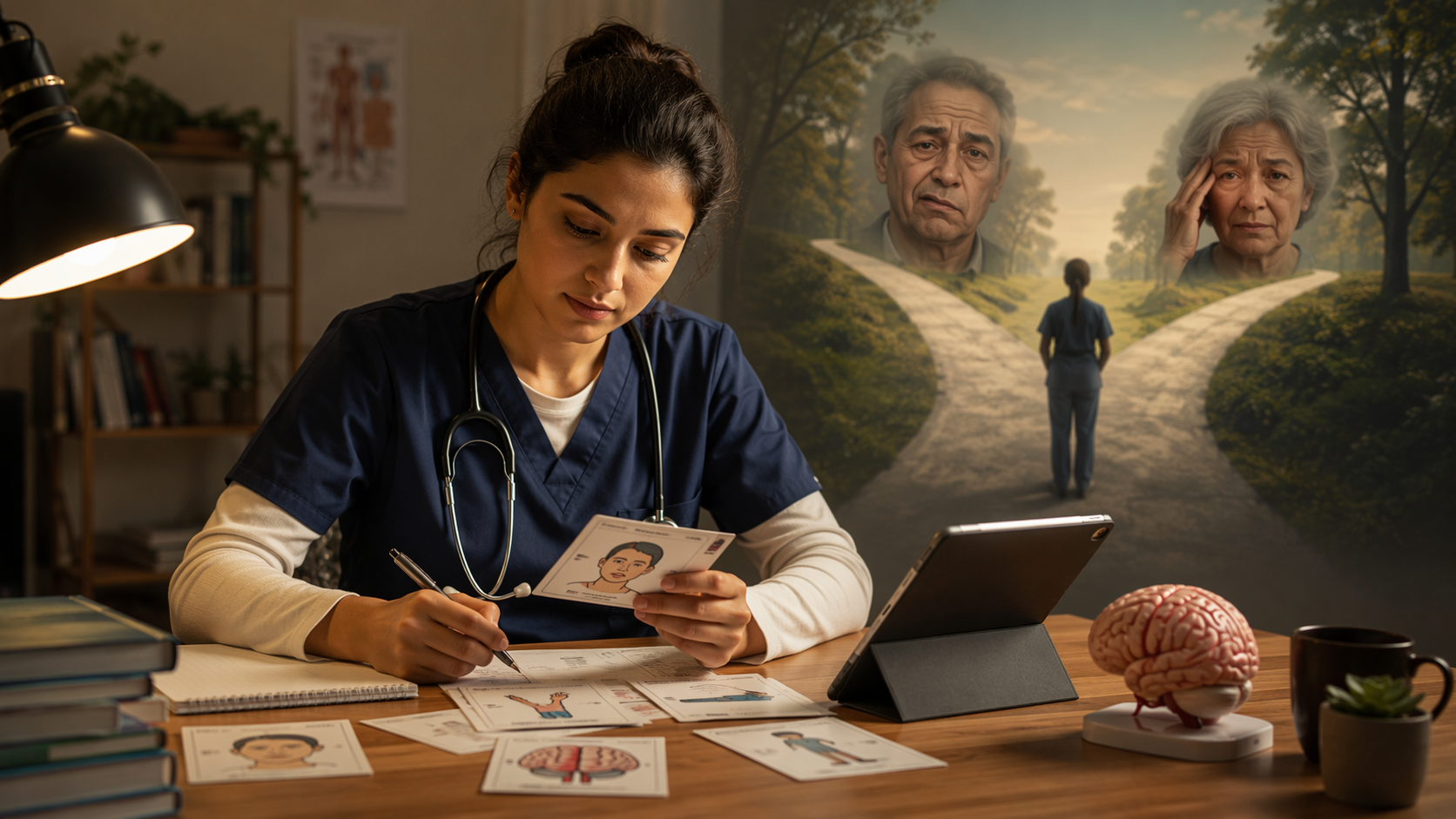 Medical trainee studying stroke symptoms with flashcards and a tablet