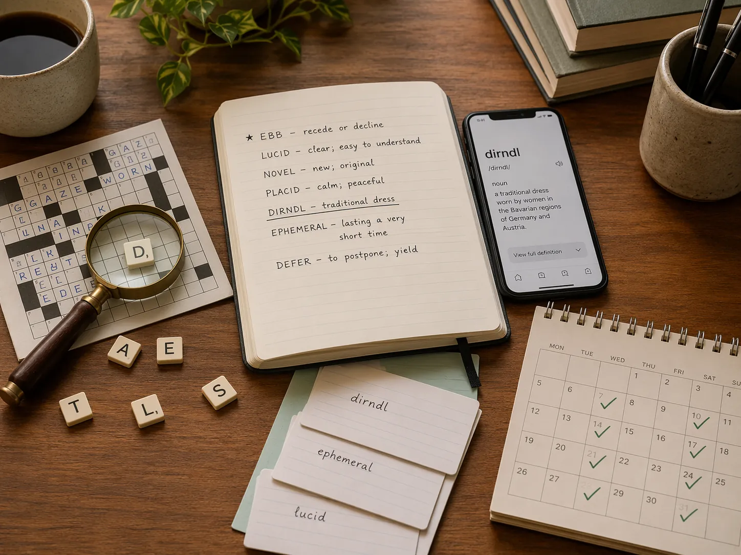 Three-step vocabulary routine with word grid, notebook, dictionary app, flashcards, and calendar