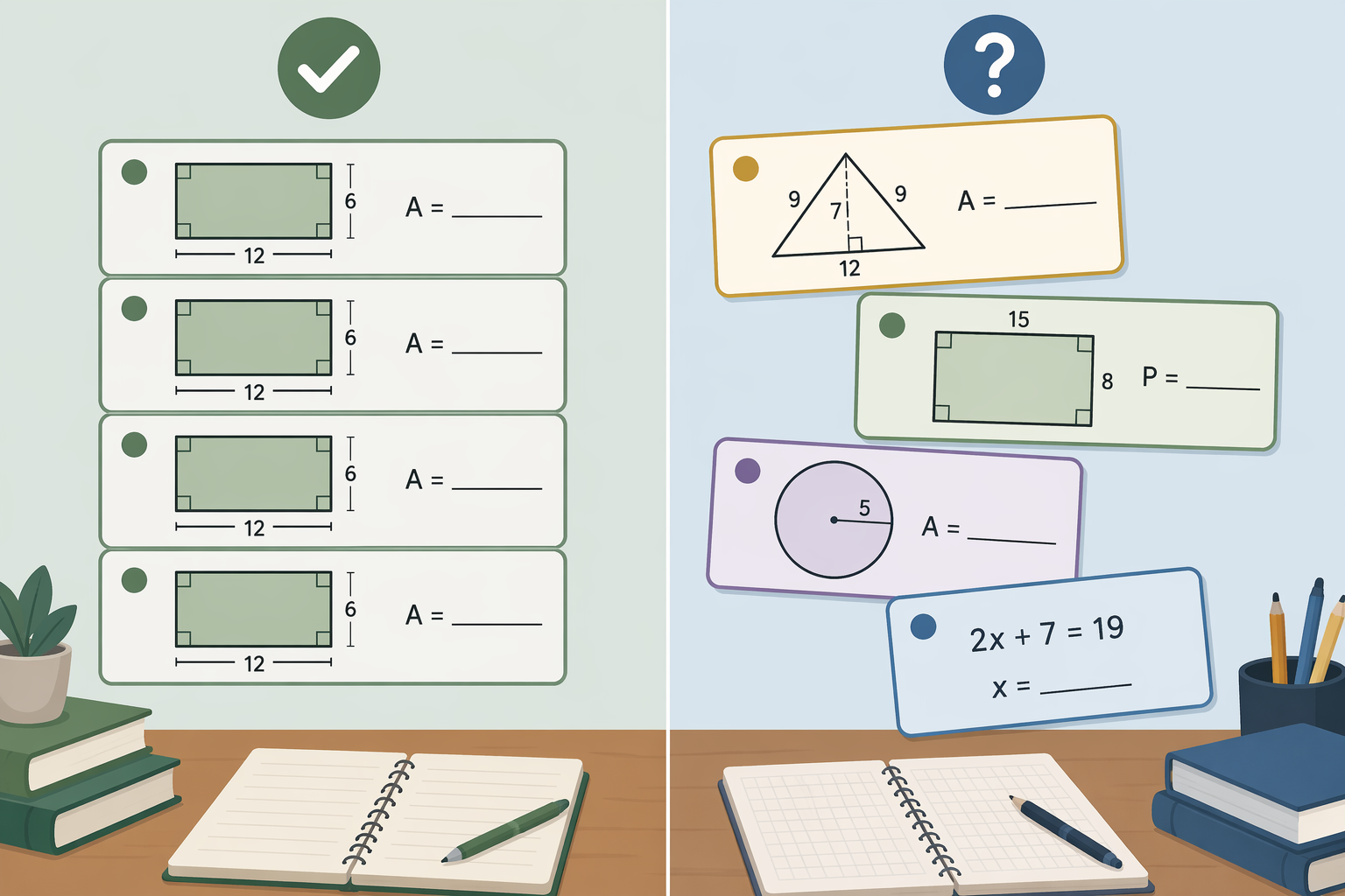 Side-by-side illustration comparing blocked rectangle area practice with mixed math practice