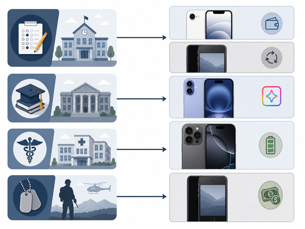 Infographic matching SAT/ACT, GRE, MCAT, and ASVAB prep needs to different iPhone tiers