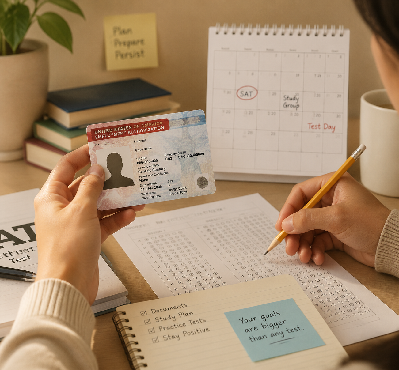 Student holding an EAD card and pencil beside standardized test sheets and a calendar
