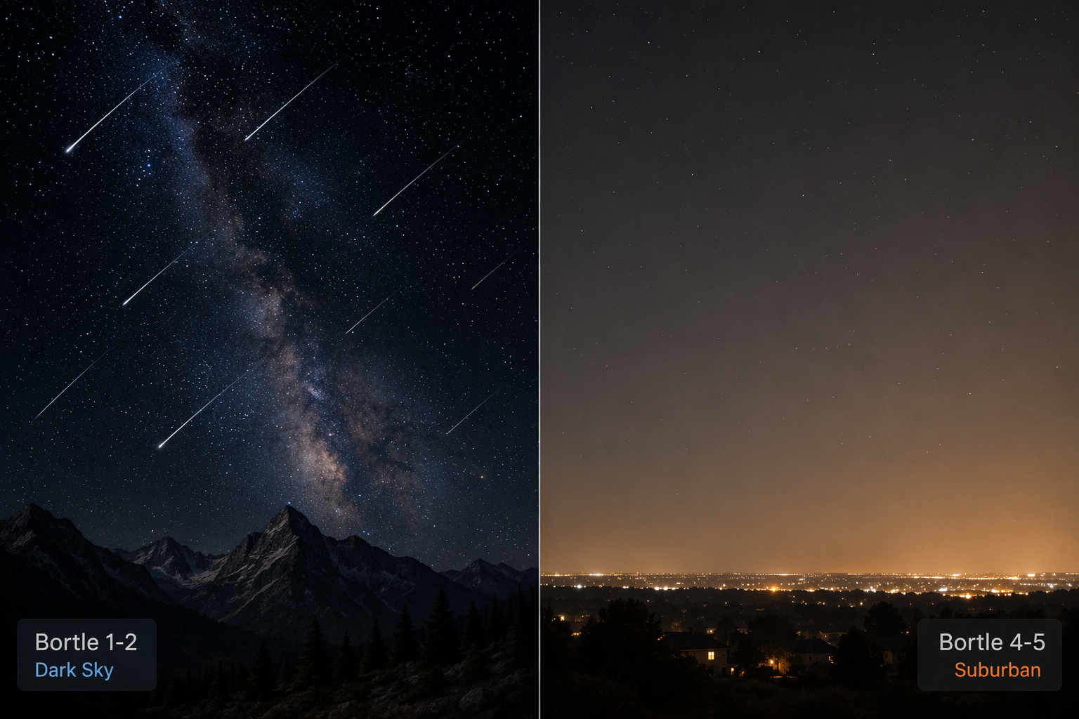 Side-by-side comparison of a Bortle 1-2 dark sky and a brighter Bortle 4-5 sky affected by light pollution