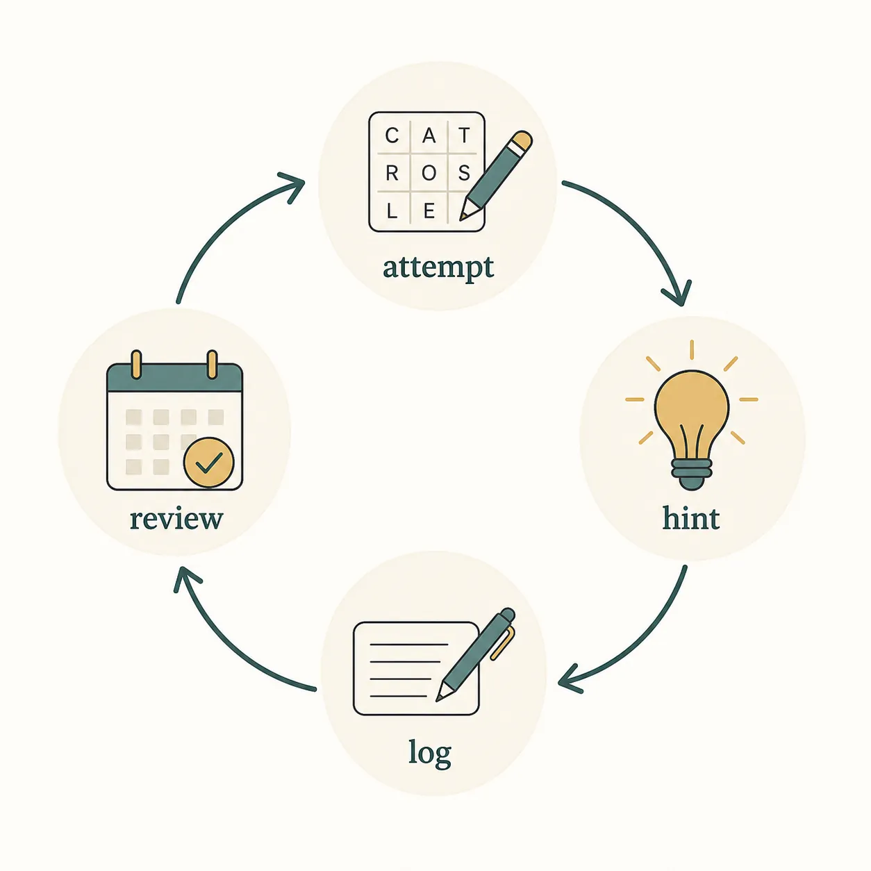 Four-step vocabulary workflow labeled attempt, hint, log, and review