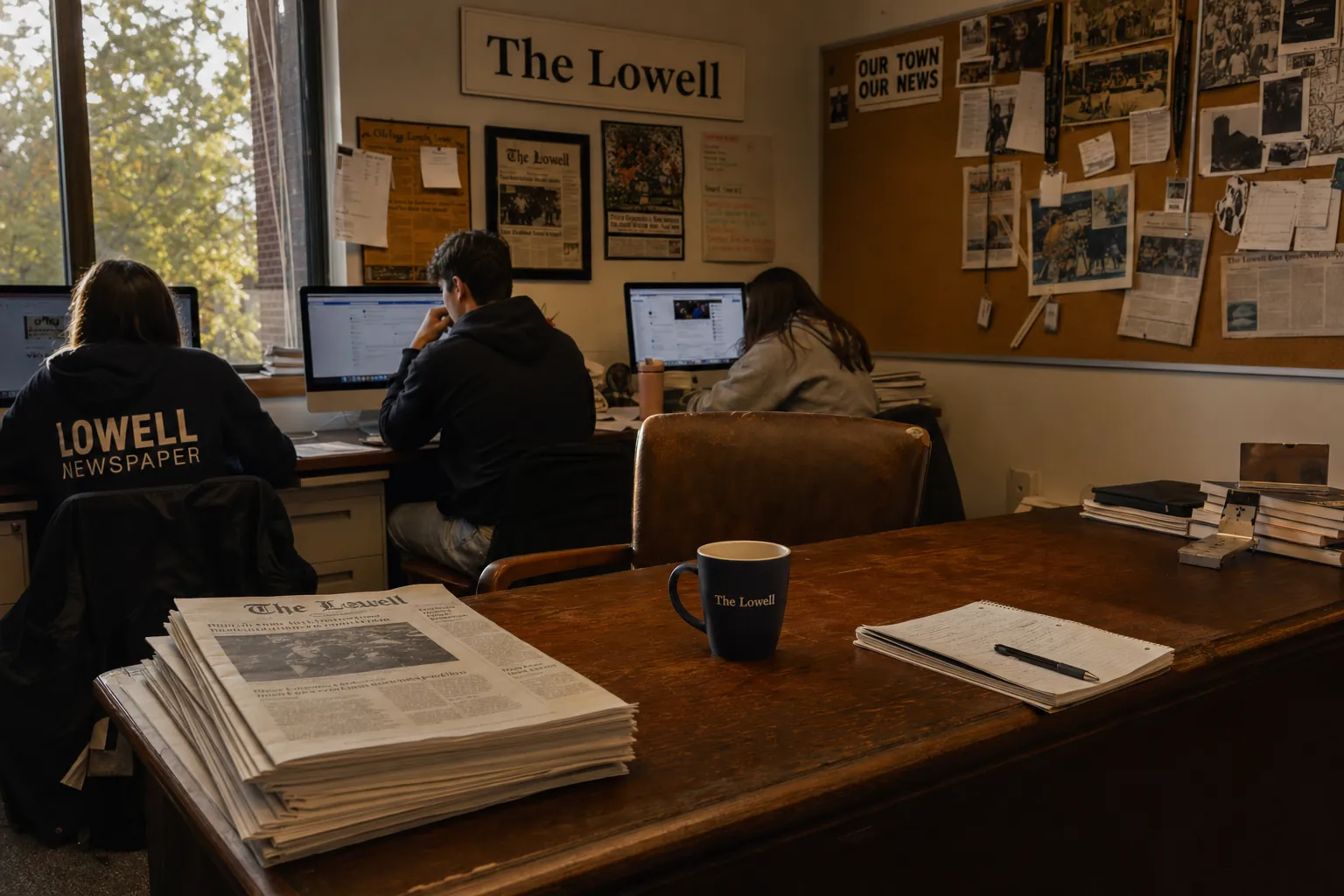 A high school student newspaper newsroom with an empty advisor's desk in the foreground and student journalists working behind it