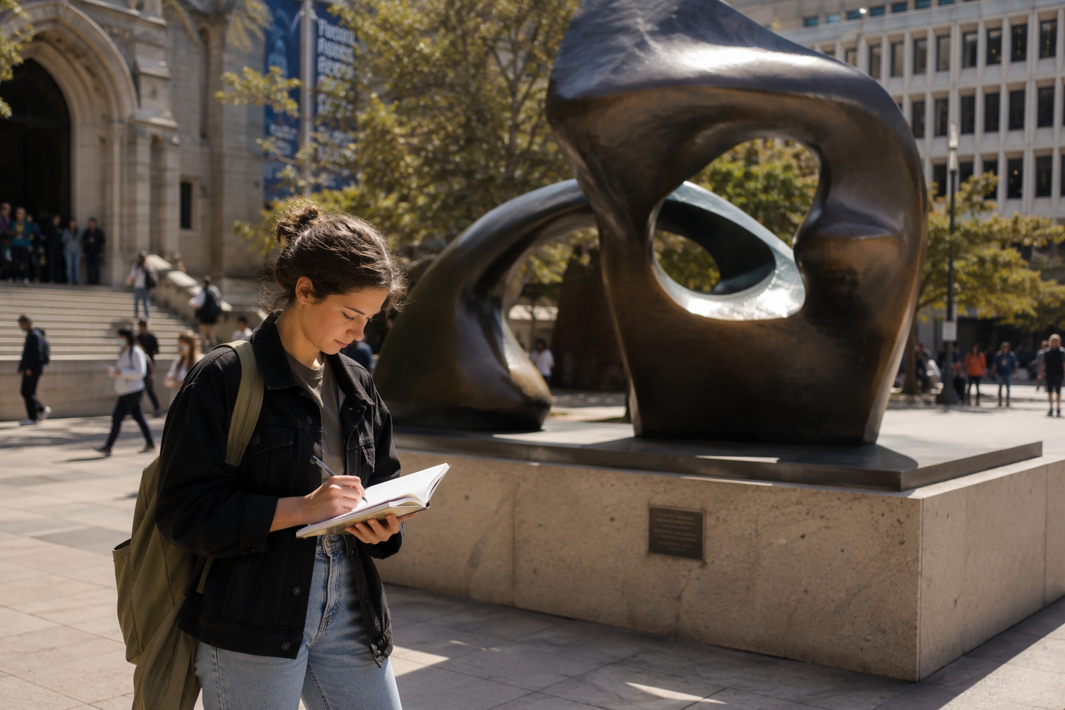 Student taking notes in front of a public bronze sculpture in a plaza