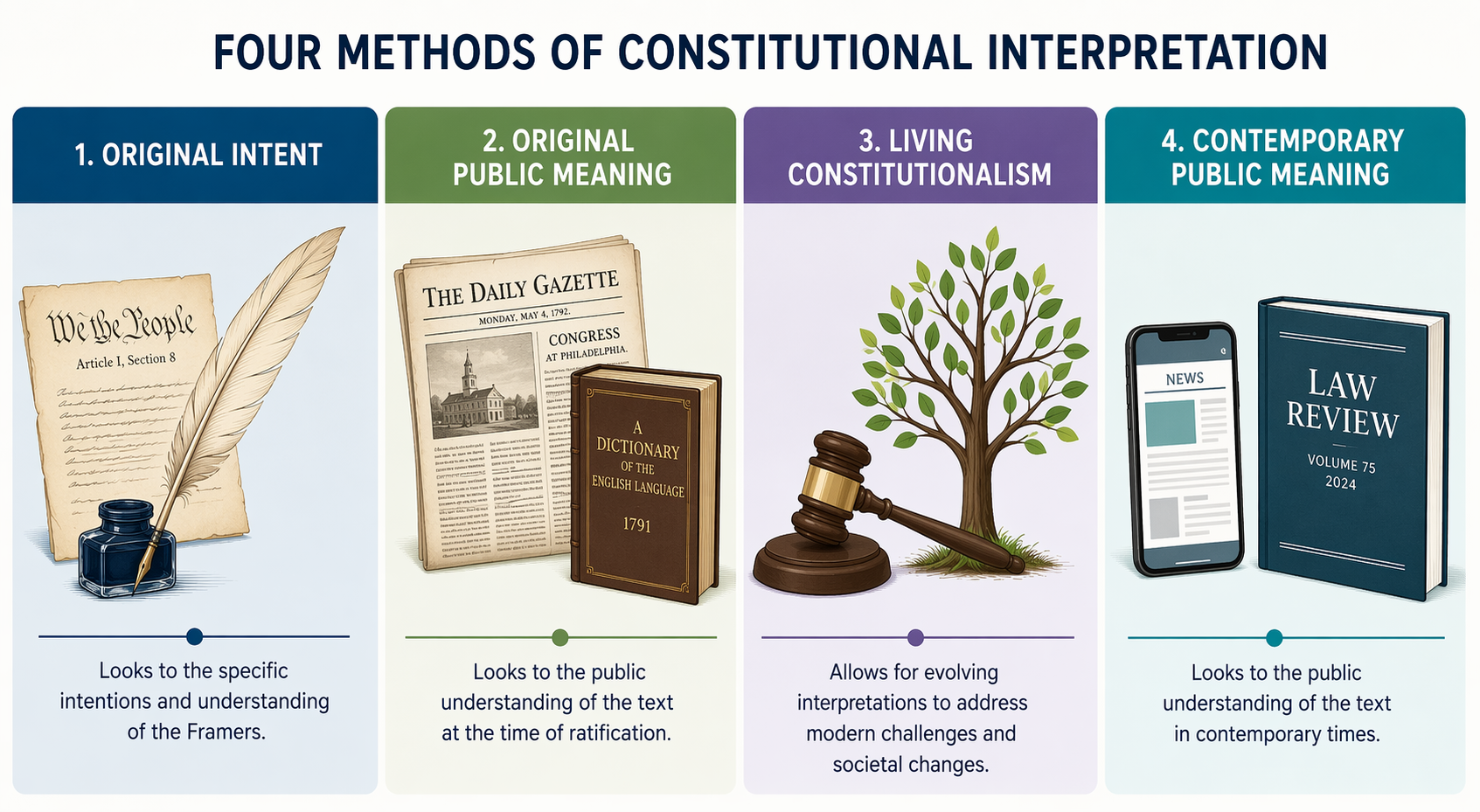 Educational comparison diagram of original intent, original public meaning, living constitutionalism, and contemporary public meaning