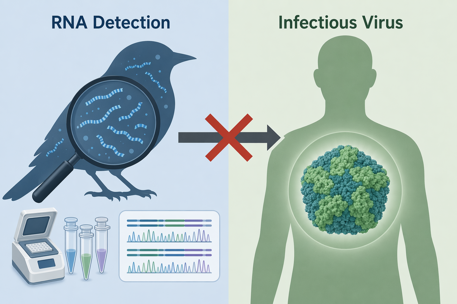 Split illustration contrasting viral RNA detection in a bird with lack of proof for infectious bird-to-human transmission