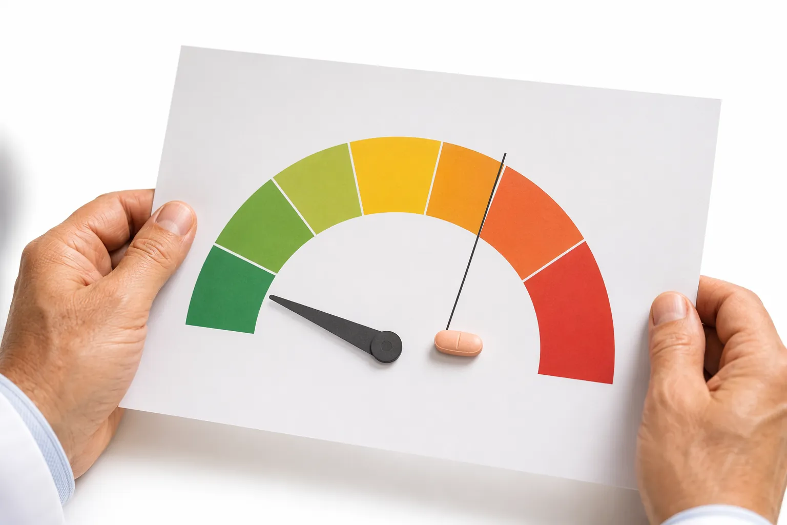 Hands holding a printed medical risk-assessment chart with a statin pill near the threshold line