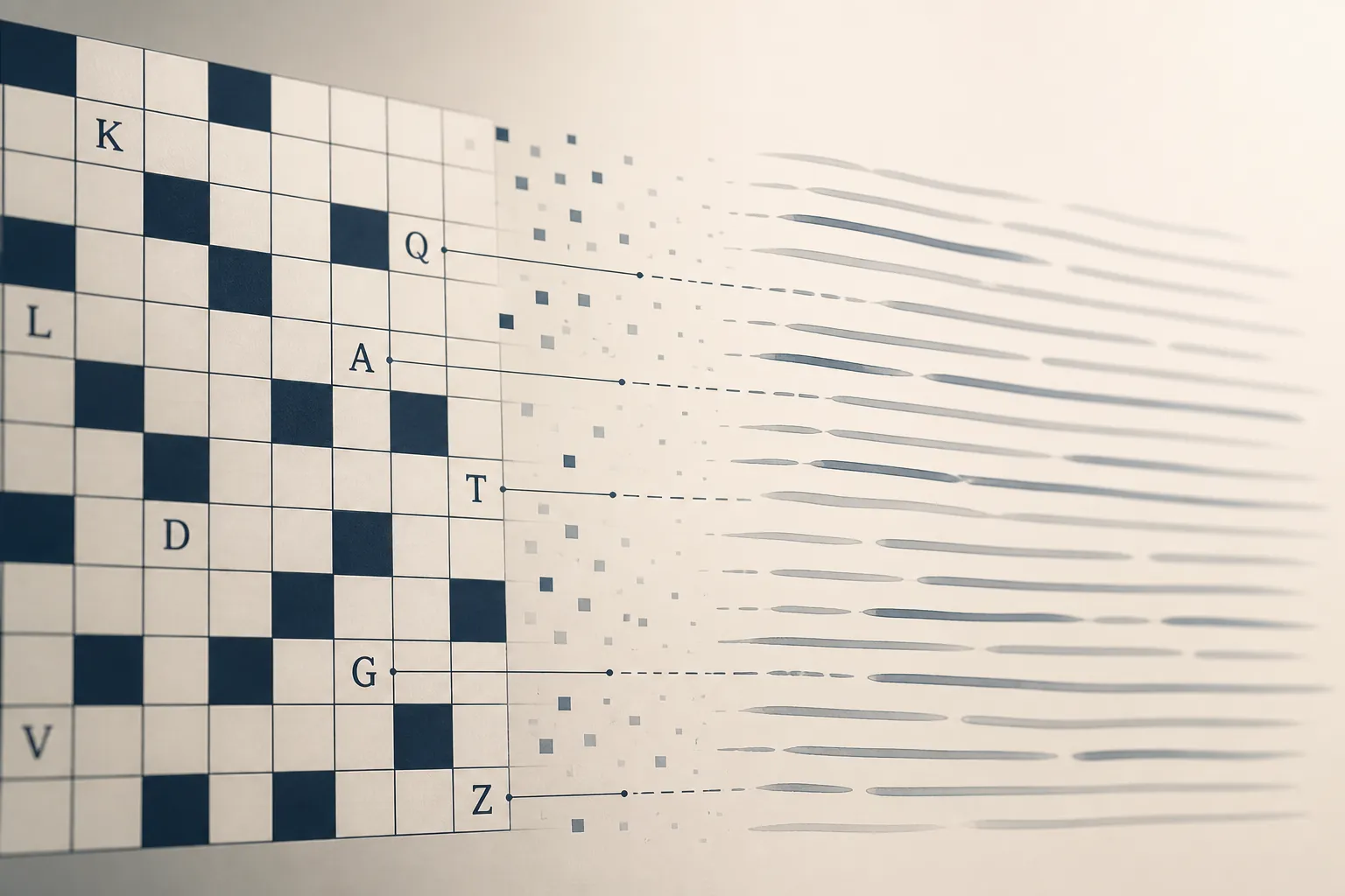Crossword grid dissolving into prose lines to show the gap between definition recall and reading-context vocabulary transfer