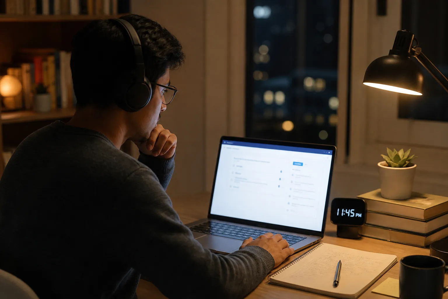 Student taking an online exam at home in the evening with books and a desk clock nearby