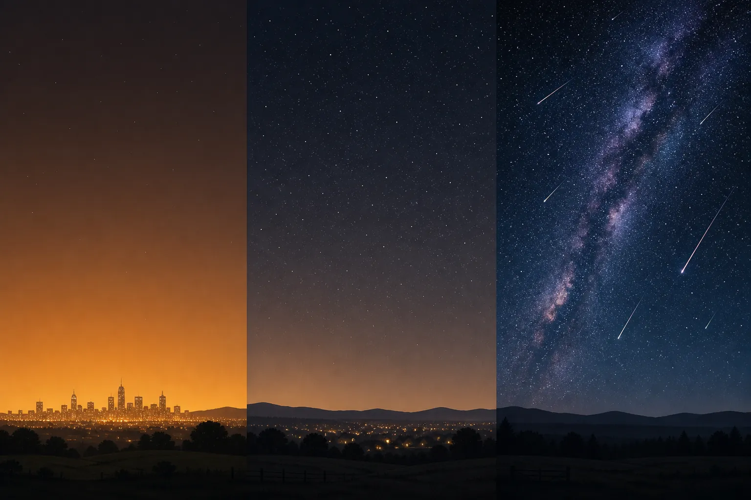Comparison of city, suburban, and rural night skies with different meteor visibility