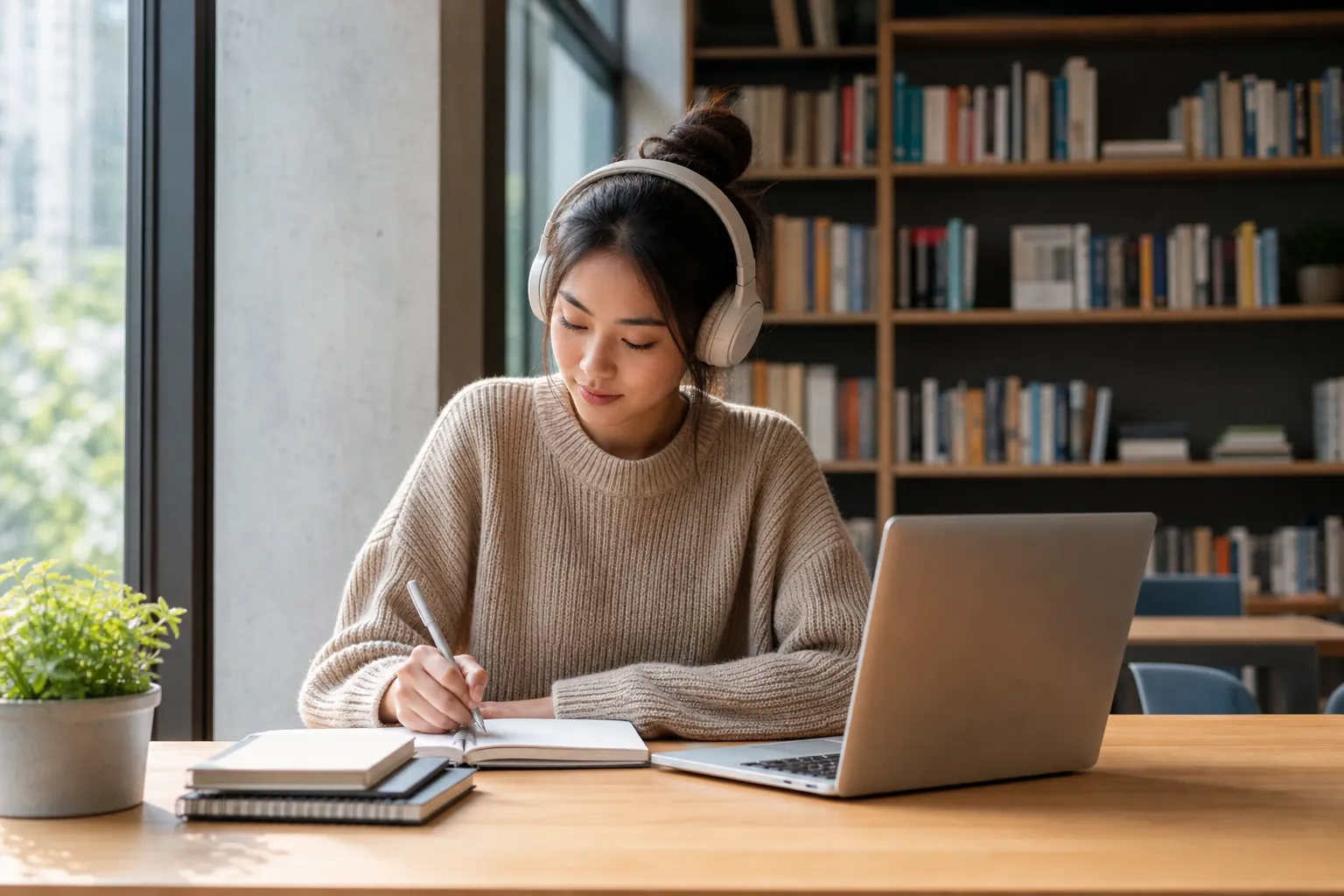 A focused student studies in a calm well-lit library corner with headphones, a laptop, and organized notebooks