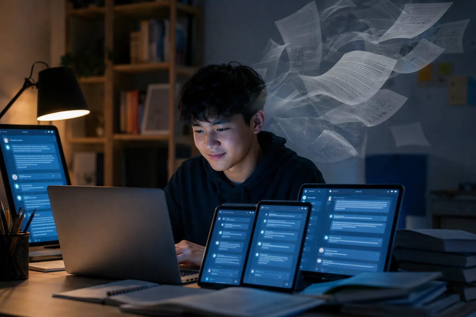 A student surrounded by AI chat screens while textbook pages fade from memory