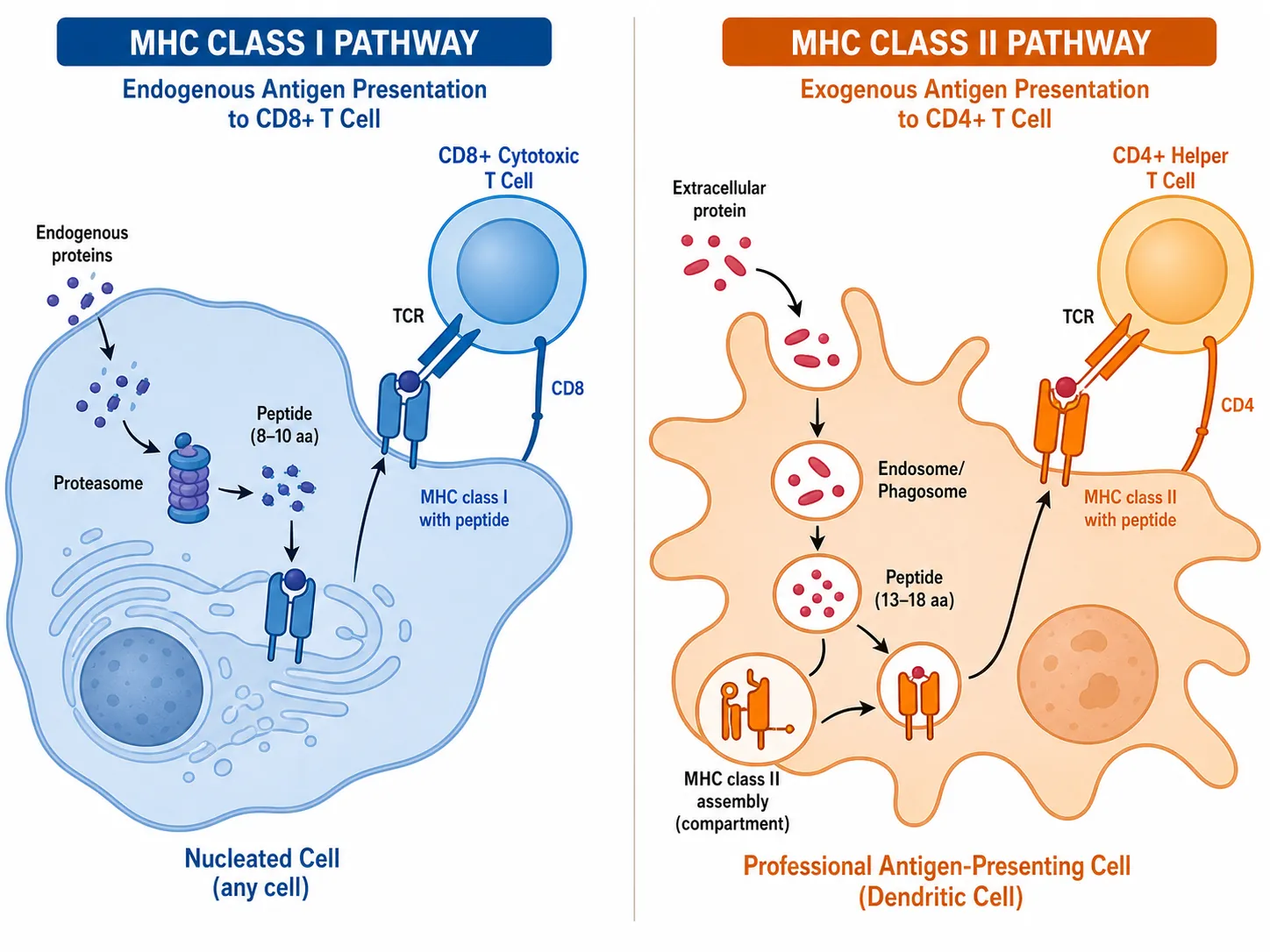 Side-by-side schematic contrasting MHC class I endogenous antigen presentation to CD8 positive T cells with MHC class II exogenous antigen presentation to CD4 positive T cells