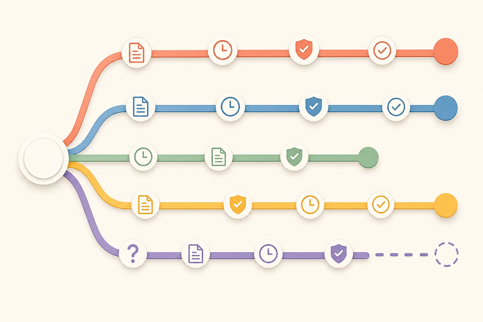 Five different accommodation paths branching from one starting point, with document, clock, checkmark, shield, and question mark icons