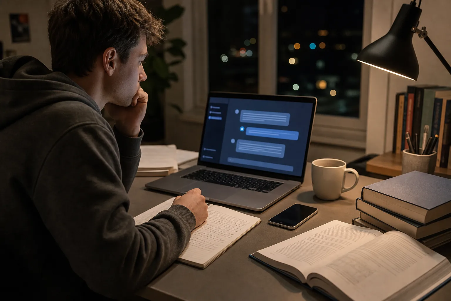 Student studying at night with AI chat open beside printed exam prep books and notes