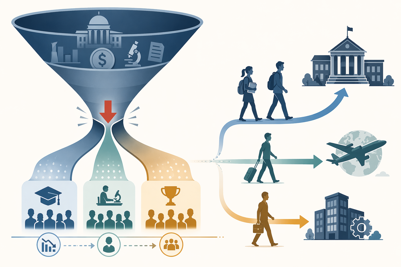 Infographic funnel showing federal research budget narrowing into fewer PhD slots, fewer research assistant positions, higher competition, and diverging career paths