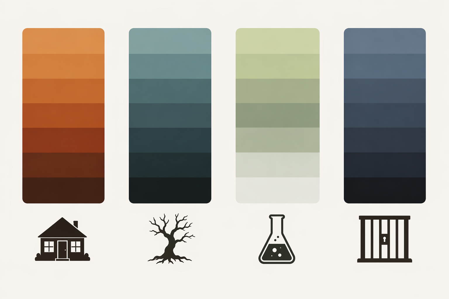 Color palette bars for Hawkins, the Upside Down, Hawkins Lab, and Russian prison environments
