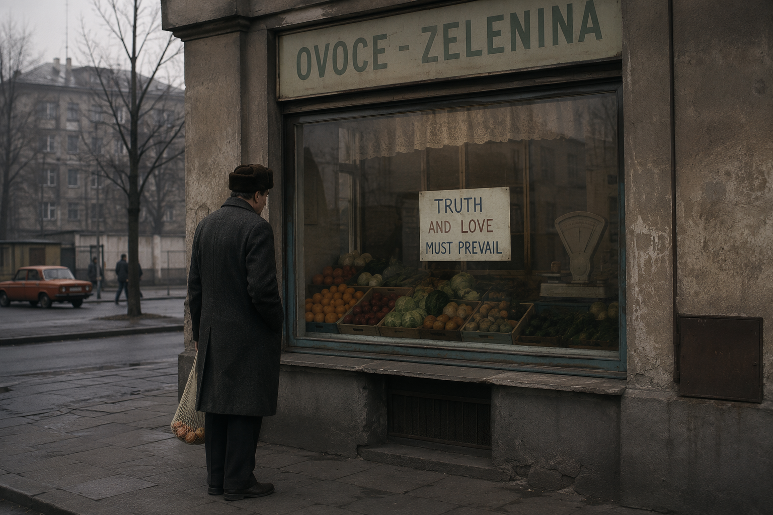 Illustration of a greengrocer shop window evoking the Vaclav Havel metaphor
