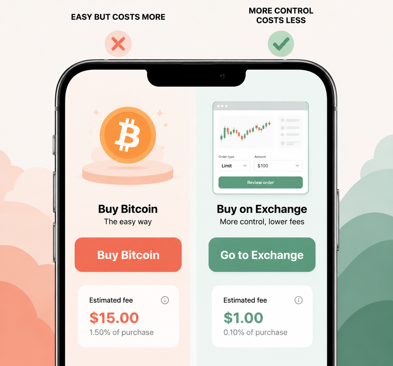 A side-by-side comparison of a simple Bitcoin buy screen and a lower-fee trading interface