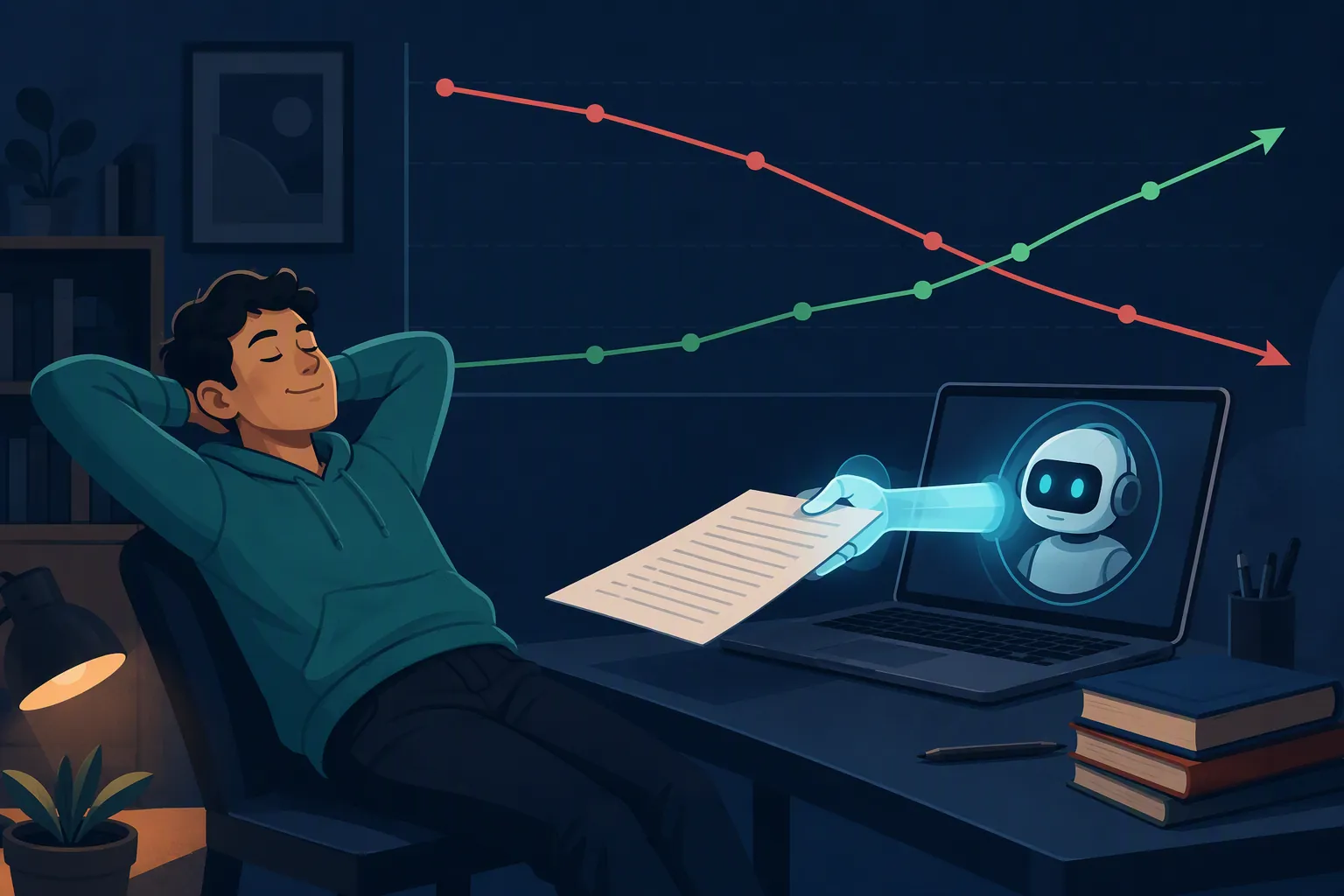 Student leaning back while a chatbot hands over a finished answer sheet, with practice scores rising and exam scores falling