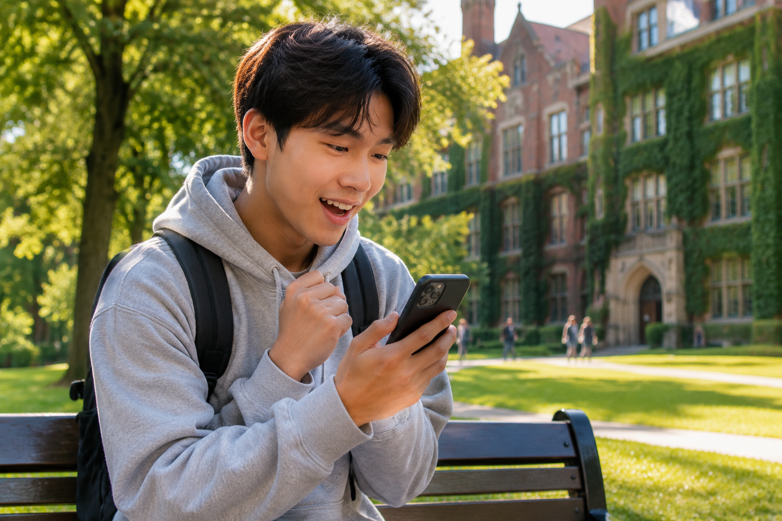 A student on a campus bench looking at a phone with a payment notification