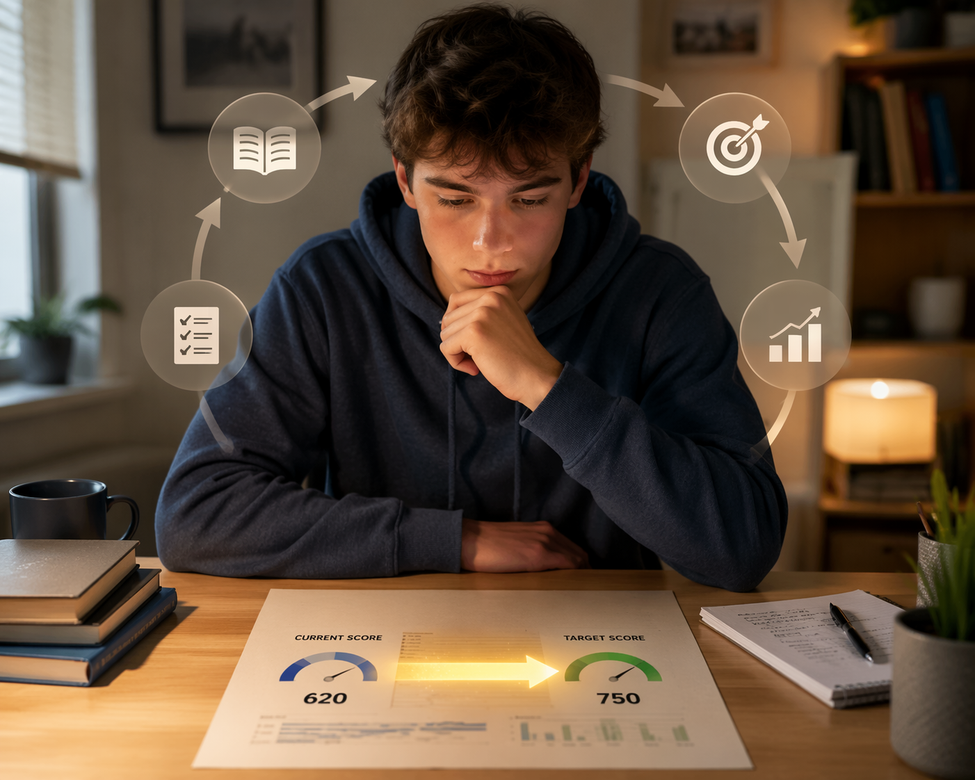 Student reviewing a practice test score report with a visual gap between current and target score